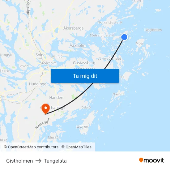 Gistholmen to Tungelsta map