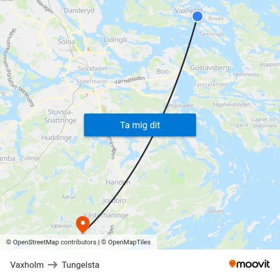 Vaxholm to Tungelsta map