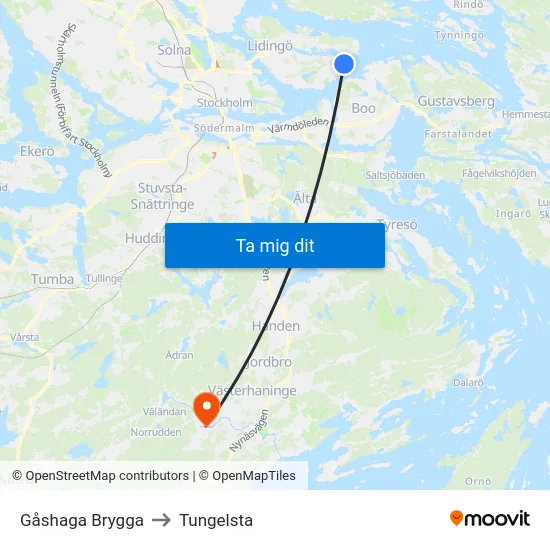 Gåshaga Brygga to Tungelsta map