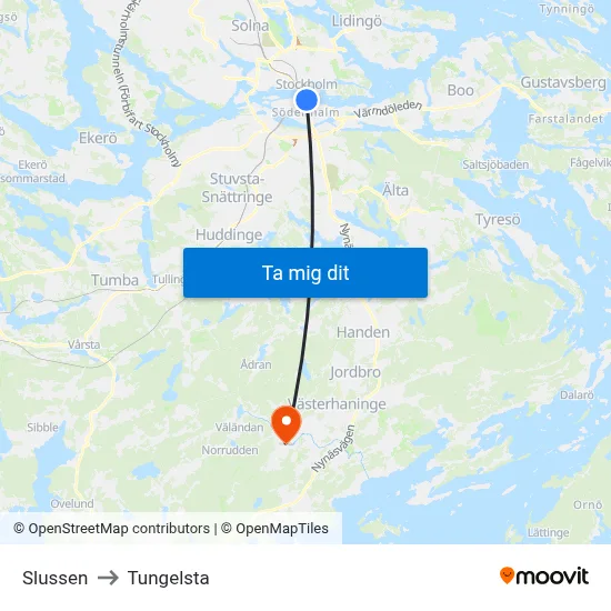 Slussen to Tungelsta map