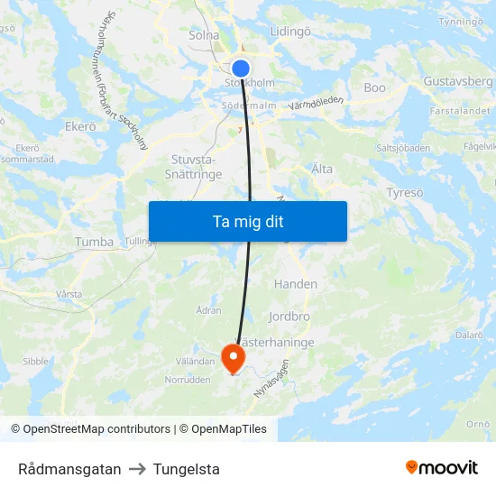 Rådmansgatan to Tungelsta map