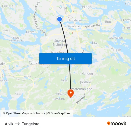 Alvik to Tungelsta map