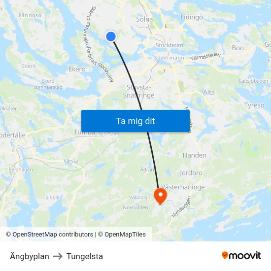 Ängbyplan to Tungelsta map