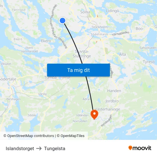 Islandstorget to Tungelsta map