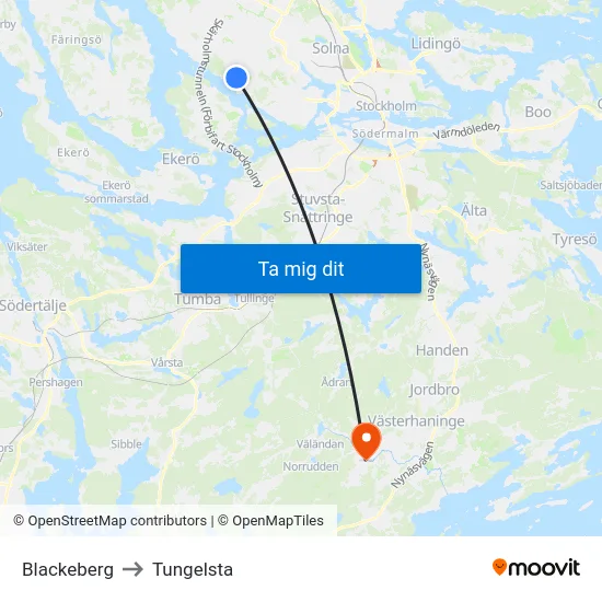 Blackeberg to Tungelsta map