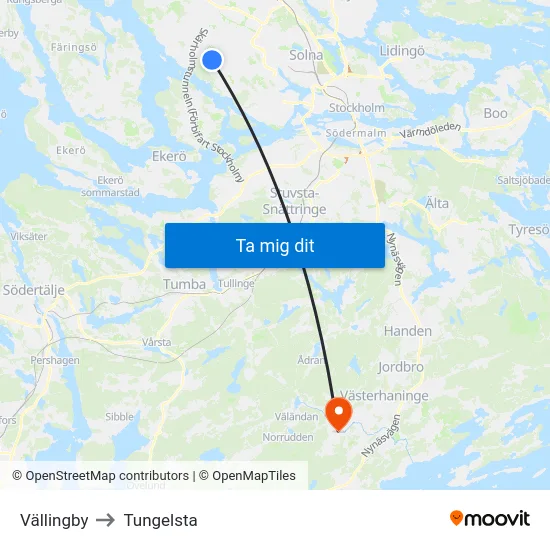 Vällingby to Tungelsta map