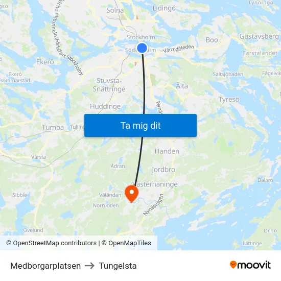 Medborgarplatsen to Tungelsta map