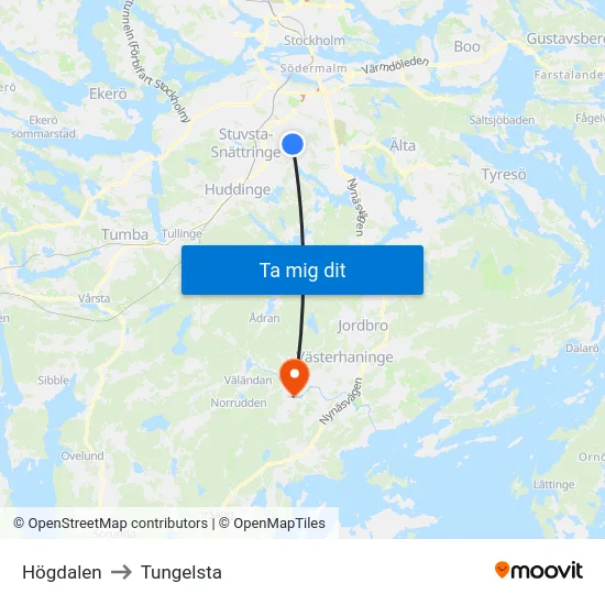 Högdalen to Tungelsta map