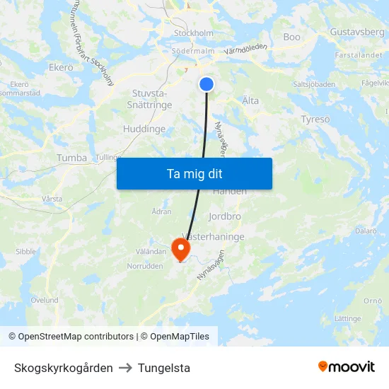 Skogskyrkogården to Tungelsta map