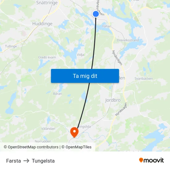 Farsta to Tungelsta map