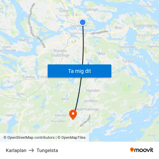 Karlaplan to Tungelsta map