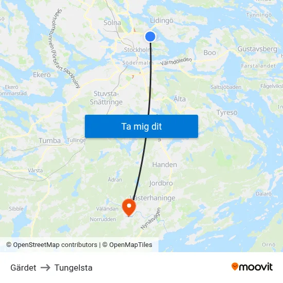 Gärdet to Tungelsta map