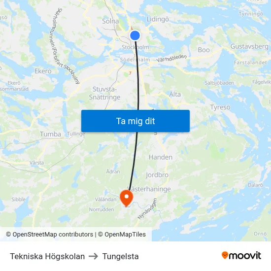 Tekniska Högskolan to Tungelsta map