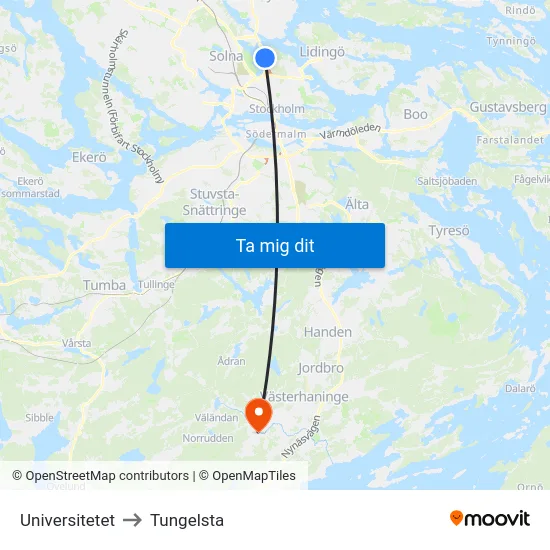 Universitetet to Tungelsta map