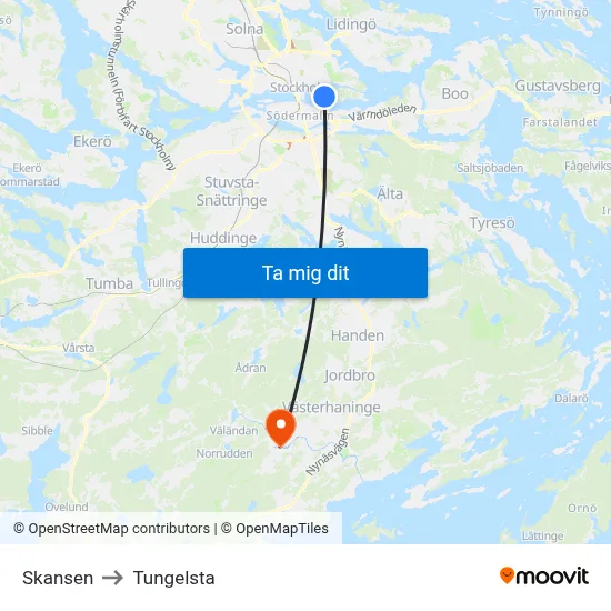 Skansen to Tungelsta map