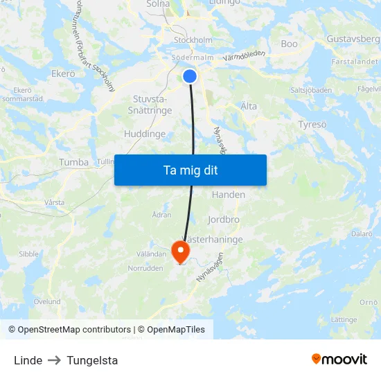 Linde to Tungelsta map