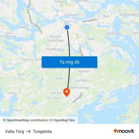 Valla Torg to Tungelsta map