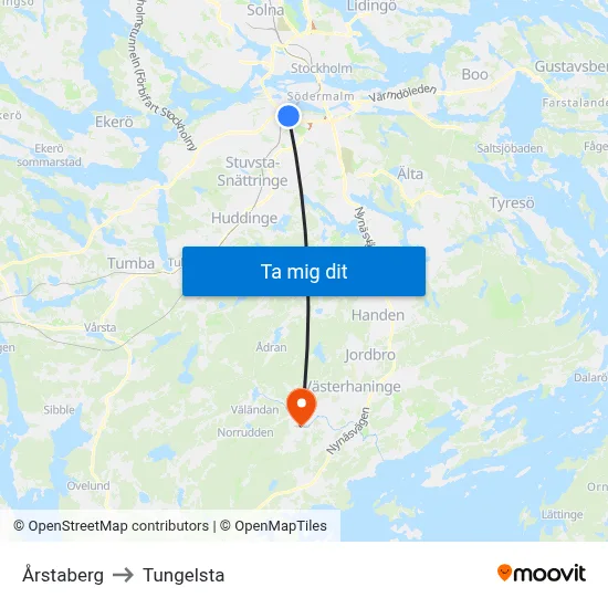 Årstaberg to Tungelsta map