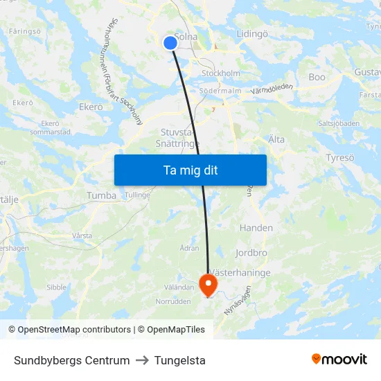 Sundbybergs Centrum to Tungelsta map
