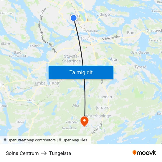 Solna Centrum to Tungelsta map