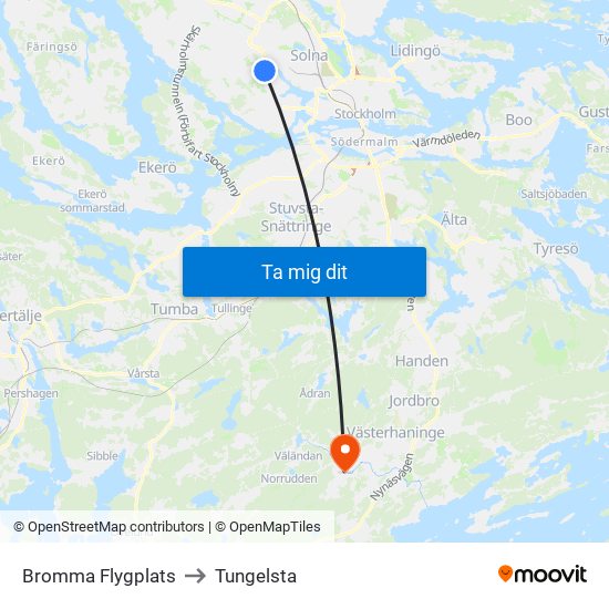 Bromma Flygplats to Tungelsta map