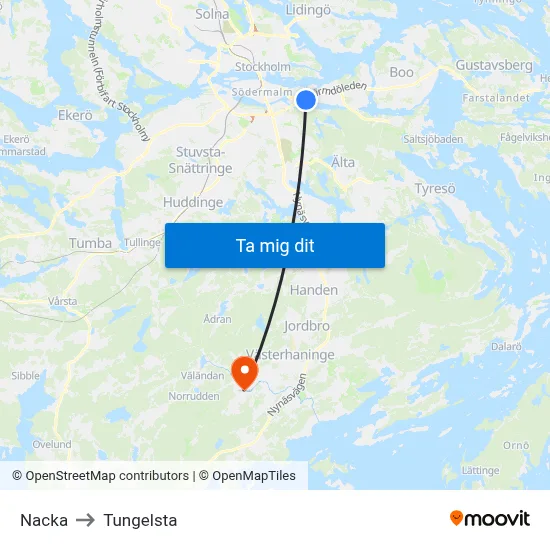 Nacka to Tungelsta map