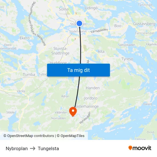 Nybroplan to Tungelsta map