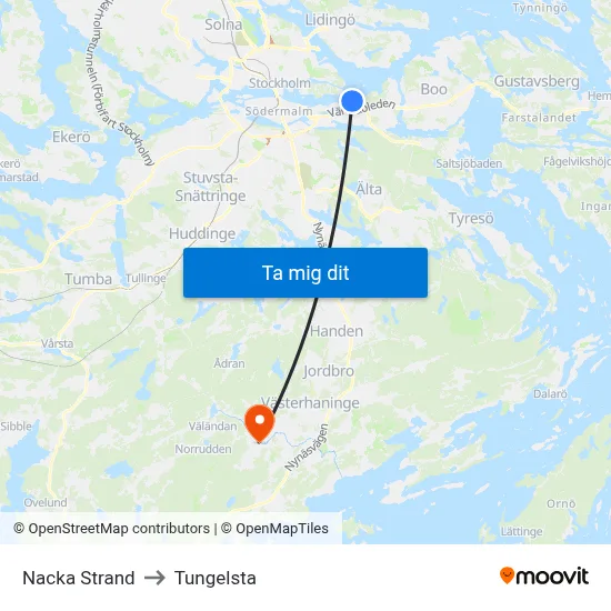Nacka Strand to Tungelsta map