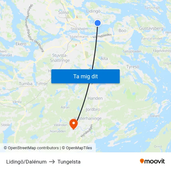 Lidingö/Dalénum to Tungelsta map