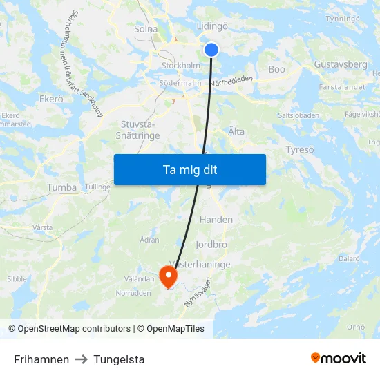Frihamnen to Tungelsta map