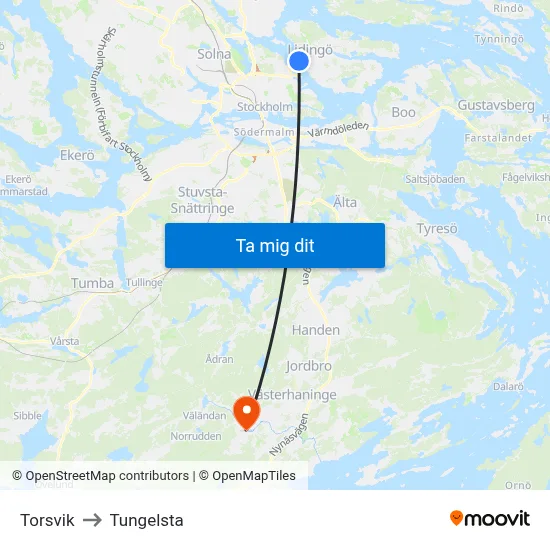 Torsvik to Tungelsta map