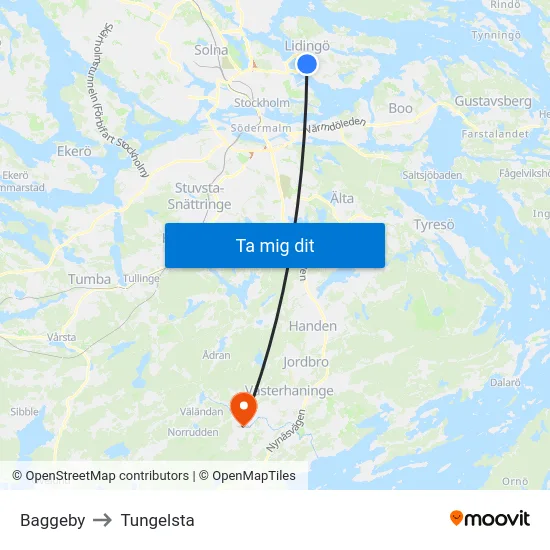 Baggeby to Tungelsta map