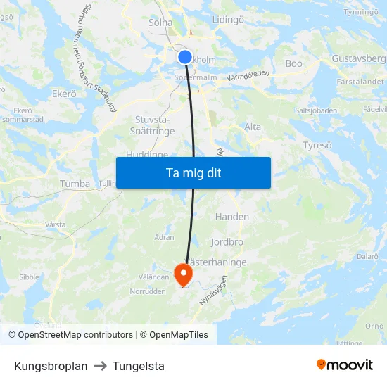Kungsbroplan to Tungelsta map
