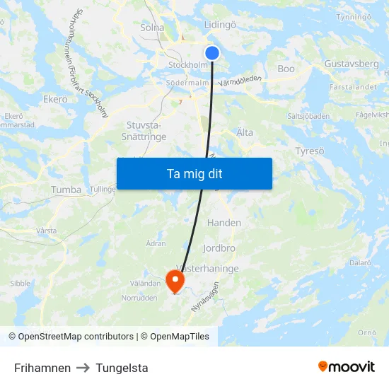 Frihamnen to Tungelsta map