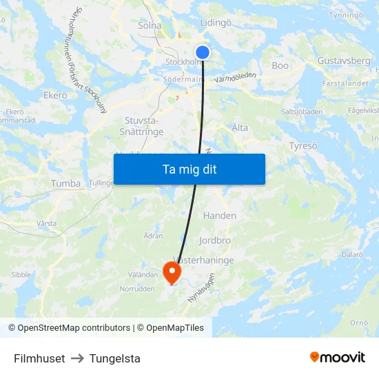 Filmhuset to Tungelsta map