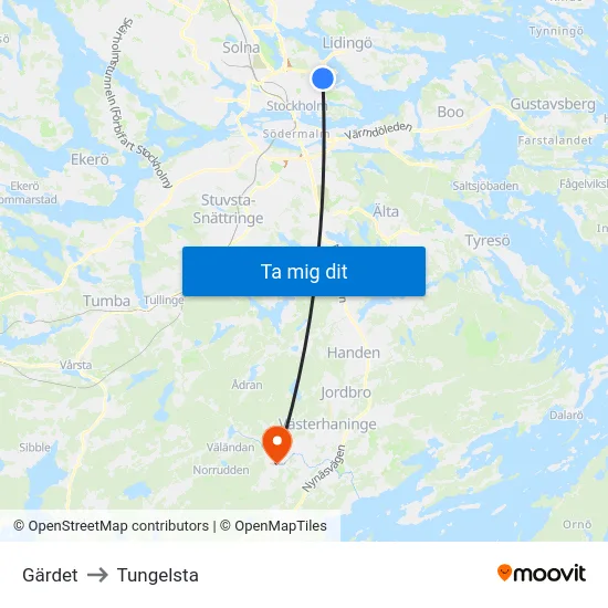 Gärdet to Tungelsta map