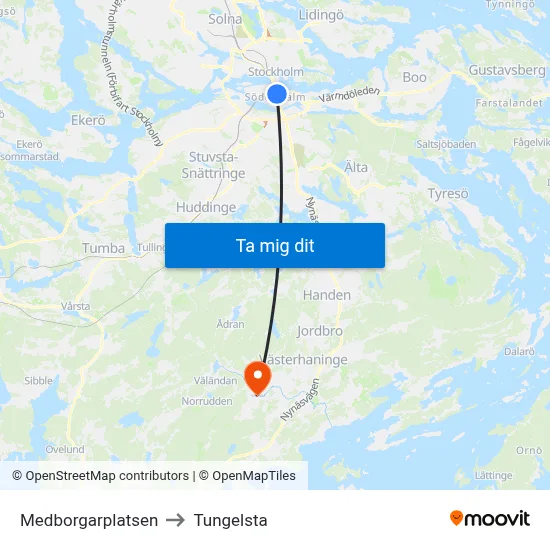 Medborgarplatsen to Tungelsta map