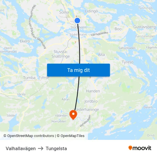 Valhallavägen to Tungelsta map