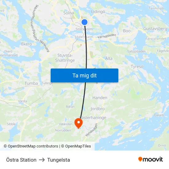 Östra Station to Tungelsta map