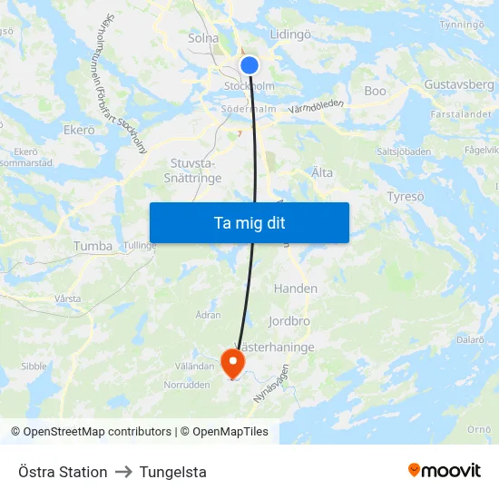 Östra Station to Tungelsta map