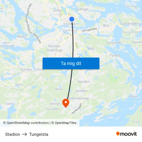 Stadion to Tungelsta map