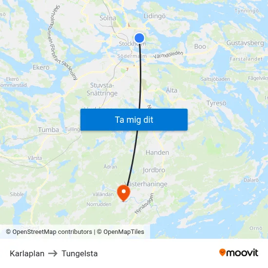 Karlaplan to Tungelsta map