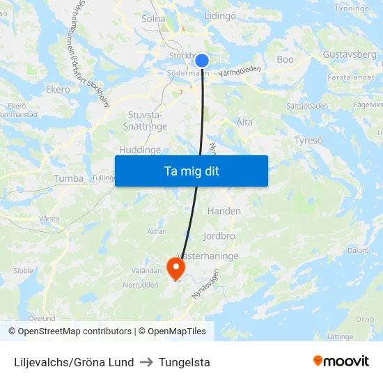 Liljevalchs/Gröna Lund to Tungelsta map