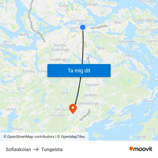 Sofiaskolan to Tungelsta map