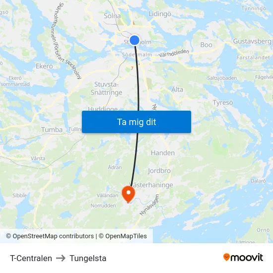 T-Centralen to Tungelsta map