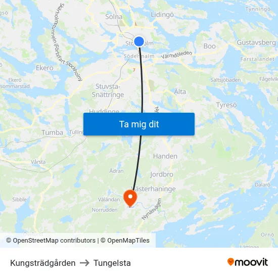 Kungsträdgården to Tungelsta map