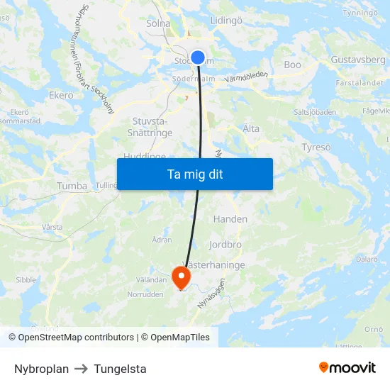 Nybroplan to Tungelsta map