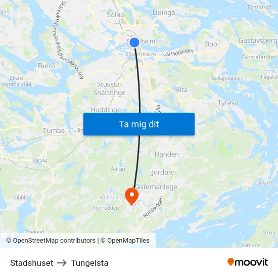 Stadshuset to Tungelsta map