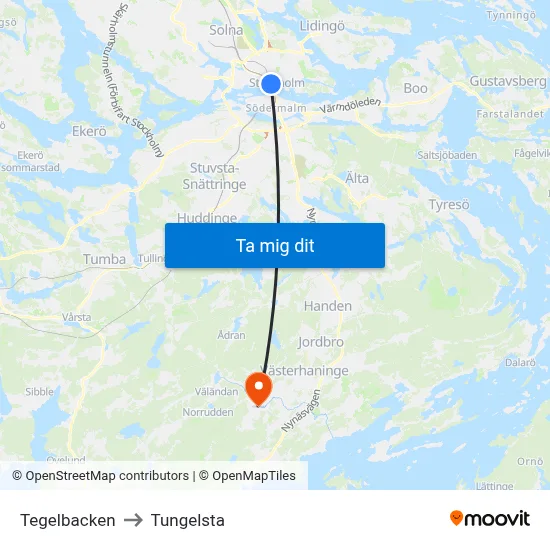 Tegelbacken to Tungelsta map