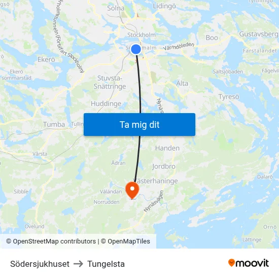 Södersjukhuset to Tungelsta map